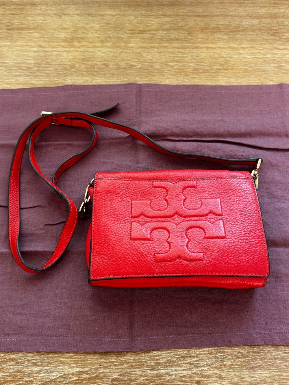 Tory Burch Red Pebbled Leather Logo Crossbody